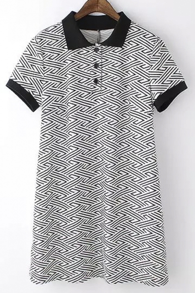 Geo-patterned Contrast Collar 1/4 Placket Dresses