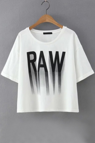 Letter Print Round Neck Short Sleeves Cropped T-Shirt