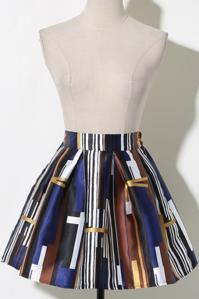 Pleated Printed Elastic Waist Mini Skater Skirt