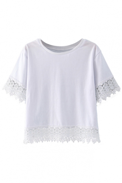 White Plain Lace Crochet Trim Round Neck Cropped T-Shirt