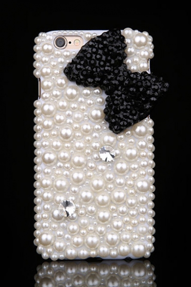 Adorable 3D Bow Pattern with Pearls Rhinestone Design White Case for iPhone