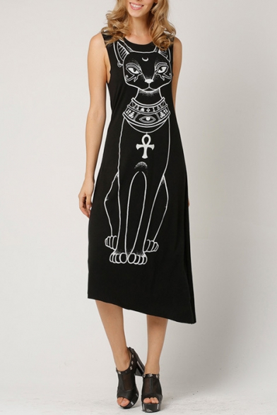 Black Animal Print Round Neck Sleeveless Asymmetrical Dress