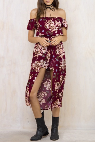 Off The Shoulder High Low Floral Print Rompers