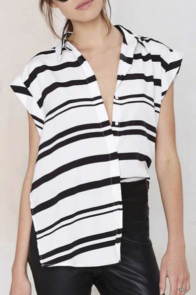 Chic Special Design V-Neck Short Sleeves Striped Split Hem Tops&Blouse