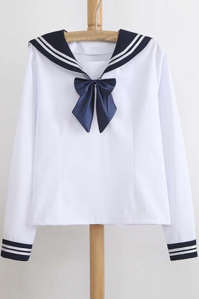 Nautical Style Striped Lapel Bow Embellish Long Sleeves Loose Blouse