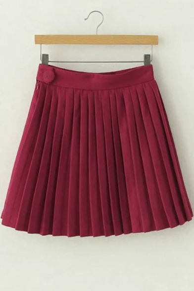 Pleated Plain Button on Side Mini Skirt