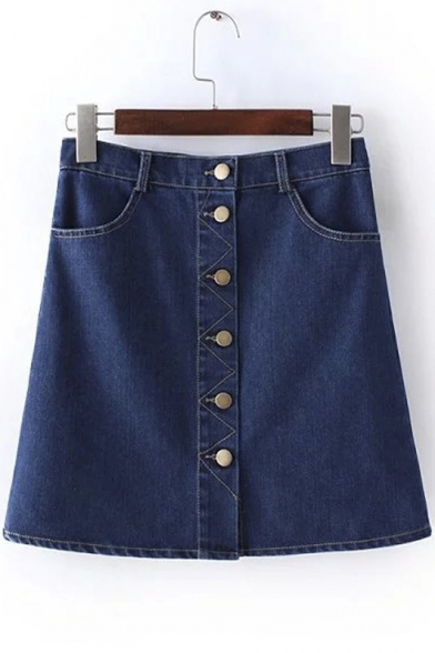 Button Down Pockets A-line Mini Denim Skirts