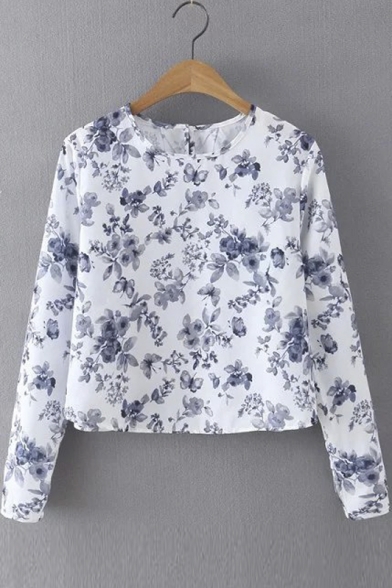 Round Neck Long Sleeve Floral Print Blouse&Tops