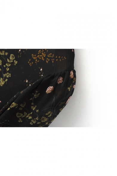 Sheer Vintage Floral Print Bell Sleeves Chiffon Midi Dress