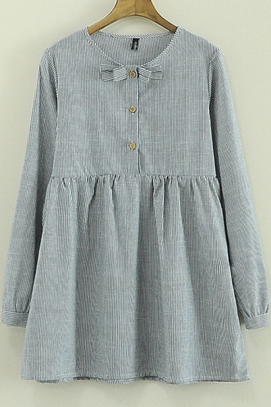 Spring New Round Neck Long Sleeves Striped Bow Embellish Smock Blouse&Dress