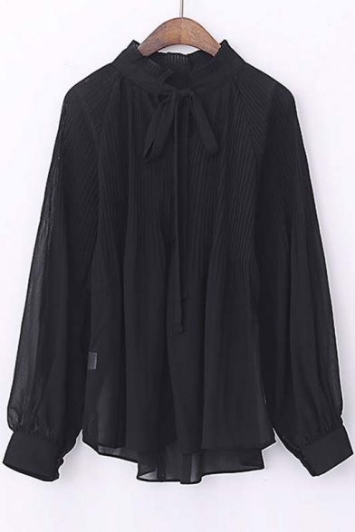 Stand Collar Bow Front Pleated Chiffon Sun Protection Blouse