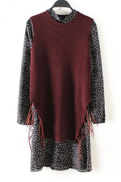 Tassel Hem Knitted Vest Sheer Polka Dot Dress (Two Pieces Suits)