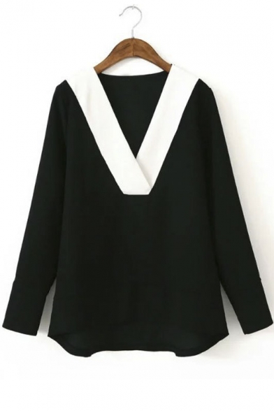 V Neck Contrast Long Sleeves Loose Fit Blouse