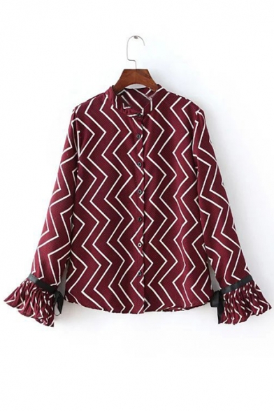 Geometric Print Stand Collar Button Down Long Sleeves With Ruffle Pleat Trim Lady's Blouse Tops