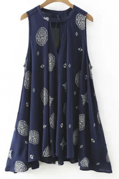 Cutout Neck Printed Sleeveless Cotton Asymmetrical Dress
