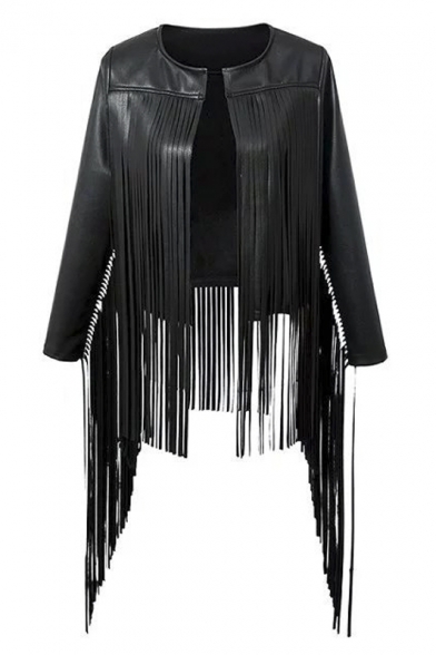 Fashion Lady's Cool Pu/Leather Asymmetrical Hem Round Neck Tassel Embellish Open Front Jacket&Coat