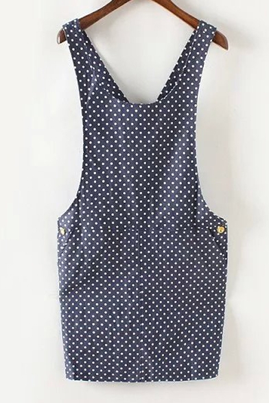 Polka Dot Casual Straps Tow Pockets Denim Overall Dress - Beautifulhalo.com