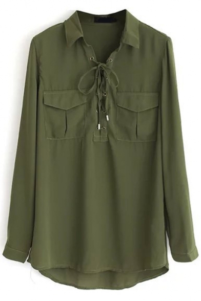 Dark Green Lapel Tie-Neck Long Sleeves Loose Blouse with Pockets