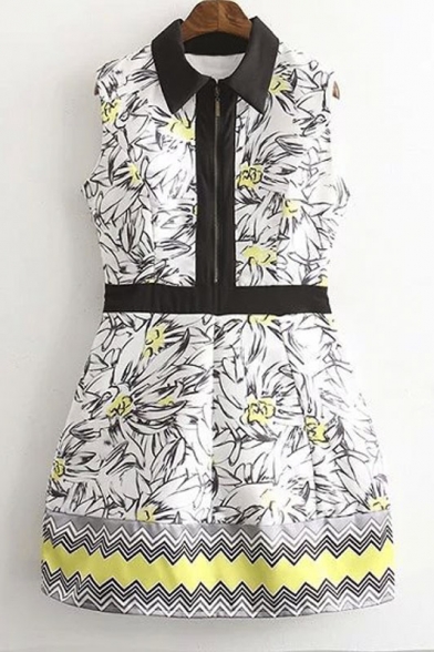 Lapel Color Block Digital Floral Print Zipper Front Dress