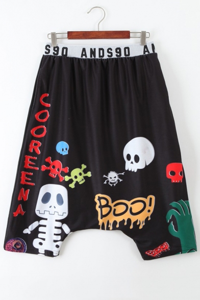 Punk Street Style Colorful Skull&Letter Print Loose Drop Crotch Crop Pants