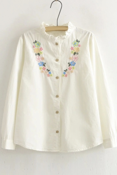Ruffle Stand Collar Long Sleeves Flowers Embroidery Button Through White Blouse&Shirts