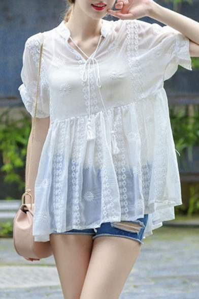 White Tie-Neck Embroidery Rolled Sleeves Shift