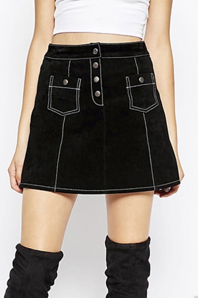 A-Line Mini Single-Breasted Pockets Skirts