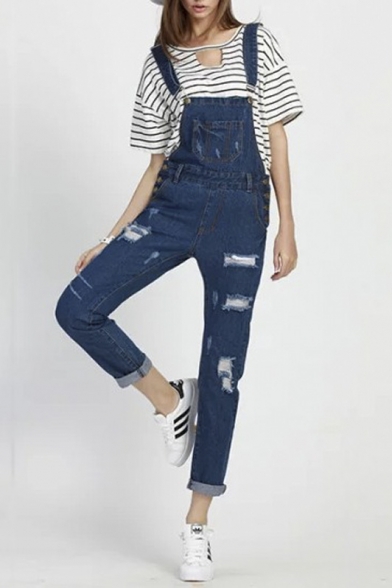 Relaxed Distressed Denim Overalls