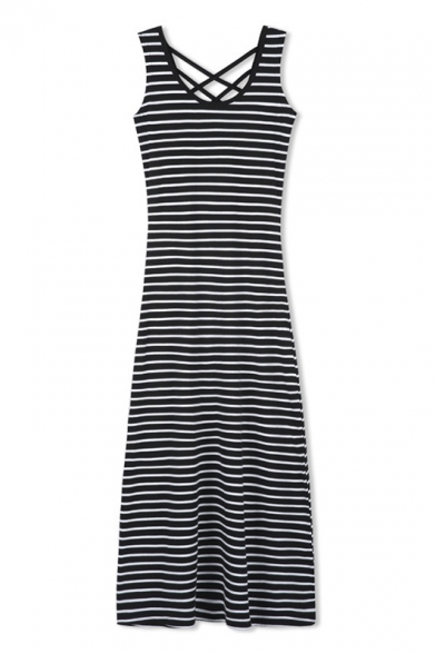 Square Neck Criss Cross Back Straps Maxi Striped Slim Fit Dress
