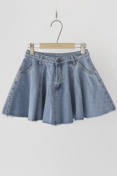 A-line Frayed Hem Denim Mini Skirts
