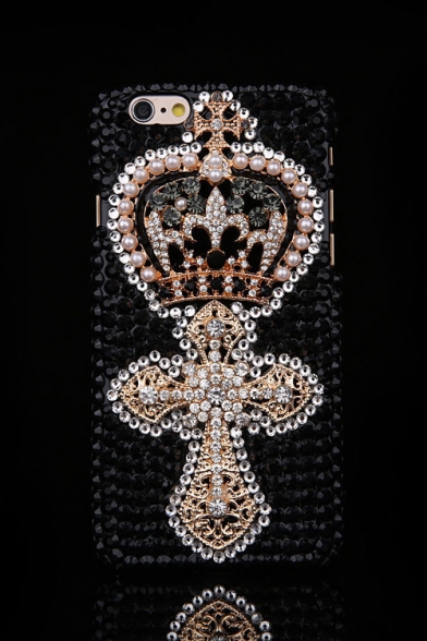 Black Luxury Crown Cross Pattern with Pearls Rhinestone Design Hard Case for iPhone