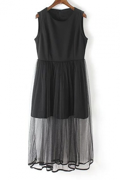 Chic Round Neck Sleeveless Black Sheer Pleated Tulle&Mesh Maxi Dress