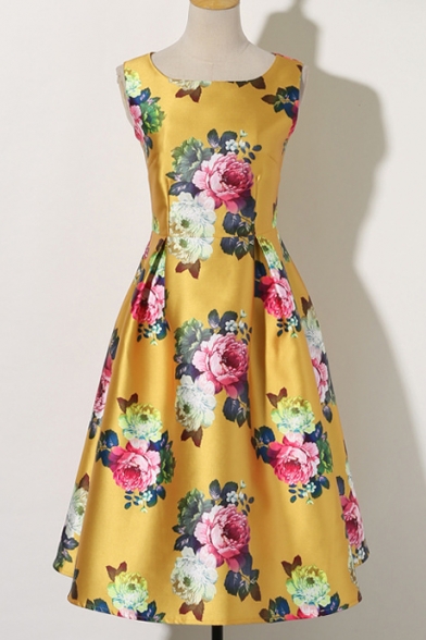 Floral Print Inverted Pleats Sleeveless Midi Dress