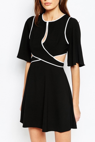 Mono Patchwork Piping Cut Out Front Half Sleeves Skater Dress