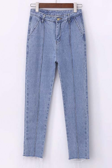 Plain Low Waist Zipper Fly Fray Hem Crop Jeans