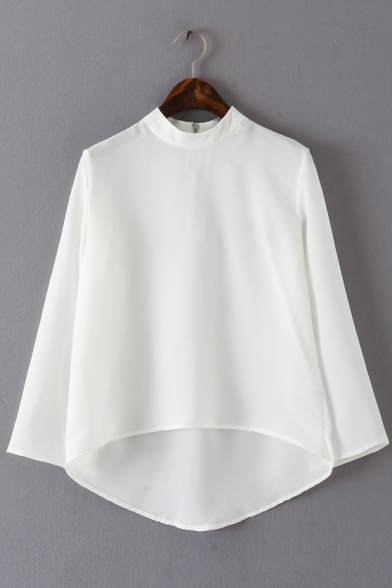 Plain Stand Collar Long Sleeves High Low Casual Blouse