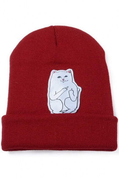 Fashion Cat Print Knitted Cuffed Cap Hat