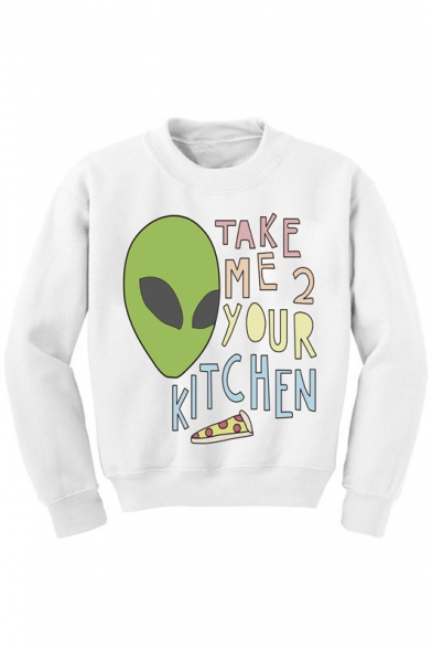 Crew Neck Long Sleeves Alien Print Graphic Sweatshirt