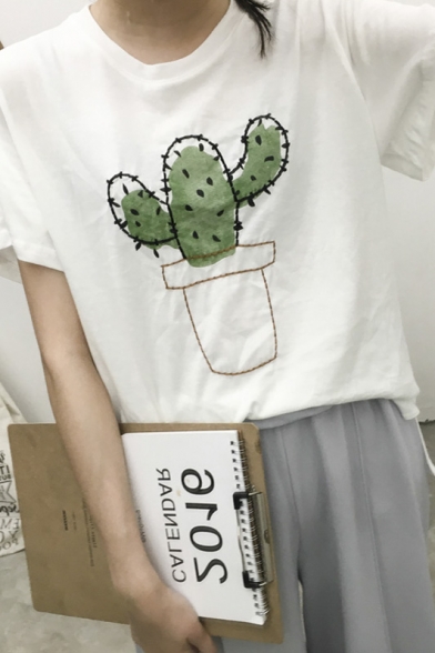 Cactus Embroidered Bell Sleeves Loose Fit Tee