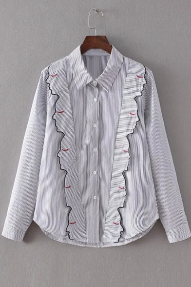 Vertical Ruffled Button Downs Striped Shirts