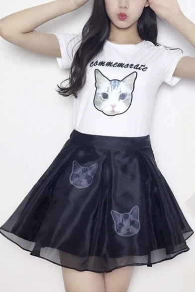 College Style Organza Kitten Print Mini A-line Skirt