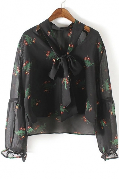 Sheer Tie Front Puff Sleeve Floral Blouses