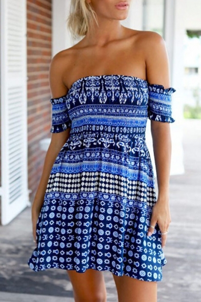Off-The-Shoulder Short Sleeve Tribal Print Mini Dress