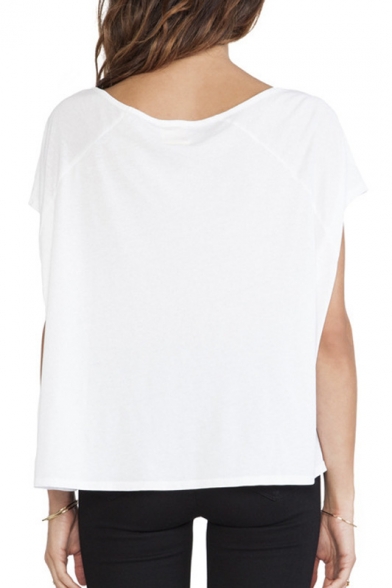 Boxy Scoop Neck Letter Print T-shirt - Beautifulhalo.com