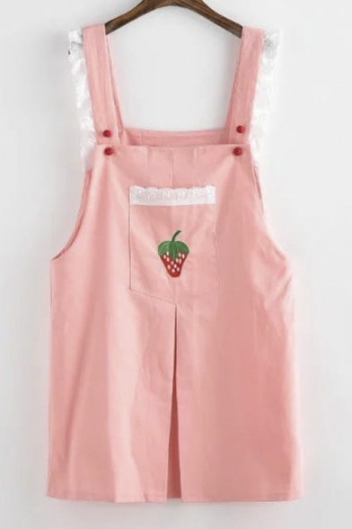 Cute Strawberry Embroidery Lace Embellish Mini Overall Dress