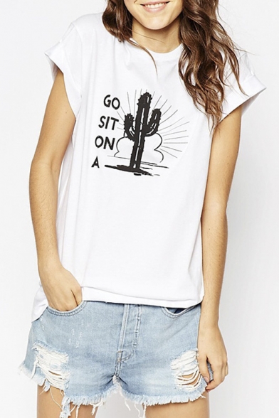 Basic Cactus Round Neck Short Sleeves Cuffed Top