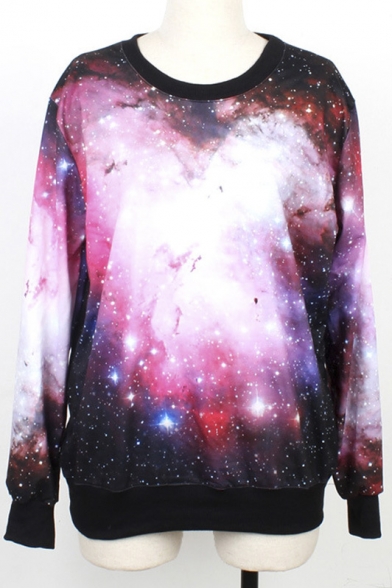 Galaxy Print Ribbed Long Sleeve Sweatshirt