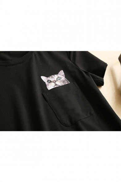 College Girl Style Pocket Cat Print Round Neck Tee