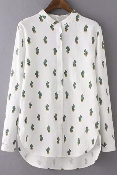 Fashion Women Basic Button Downs Cactus Print Shirt