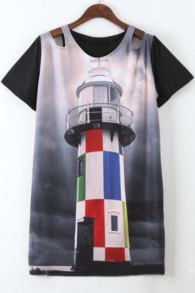 Long Line Contrast Sleeve Chimney Print Cut-outs Tees
